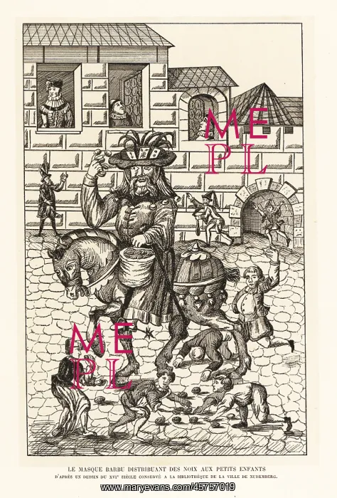 : Schembart or maskbeard distributing nuts to children : Schembart or maskbeard distributing nuts to children