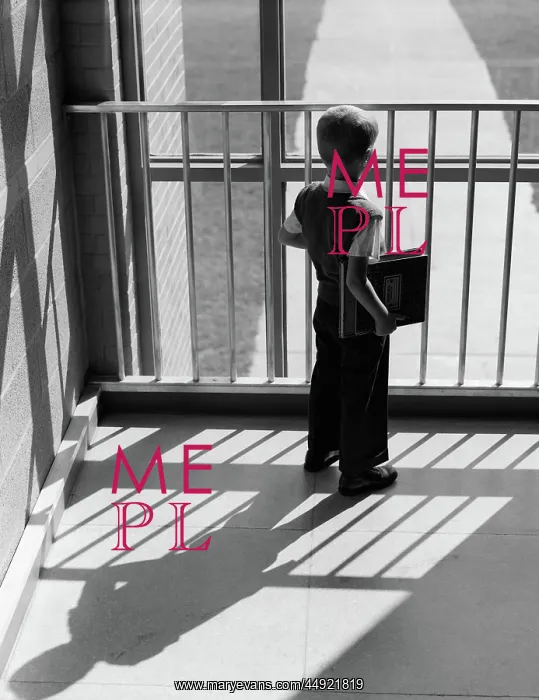 : Schoolboy with books under arm looking out window : Schoolboy with books under arm looking out window