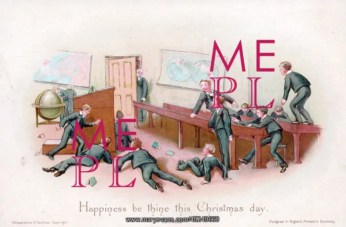 : Schoolboys and teacher on a Christmas card : Schoolboys and teacher on a Christmas card