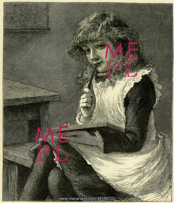 : Schoolgirl wondering what to write on her slate : Schoolgirl wondering what to write on her slate