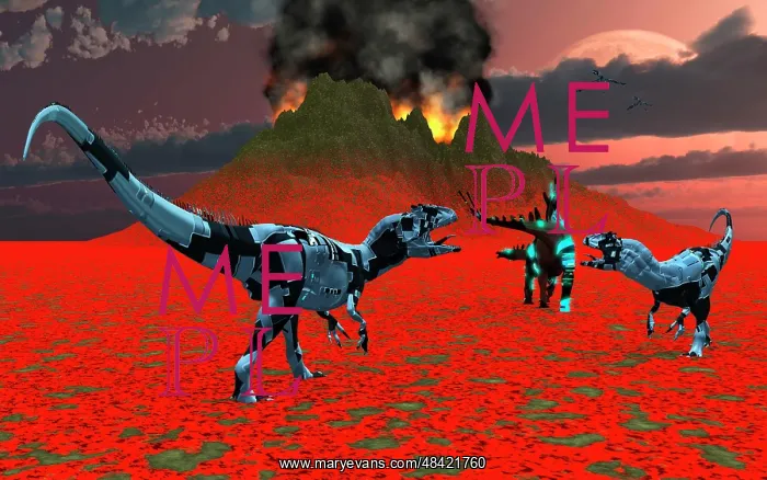  : Sci-fi scene of a pair of Allosaurus dinobots tracking down