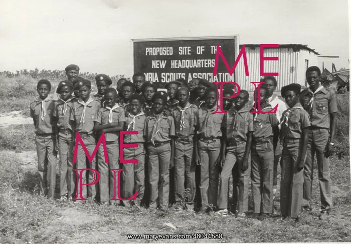 : Scouts outside proposed headquarters, Gambia, West Africa : Scouts outside proposed headquarters, Gambia, West Africa