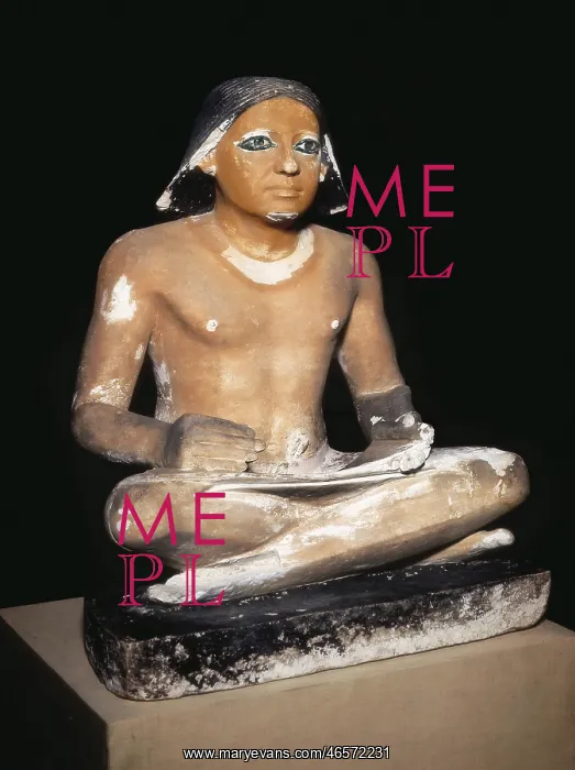 : Scribe seated cross-legged holding a papyrus : Scribe seated cross-legged holding a papyrus