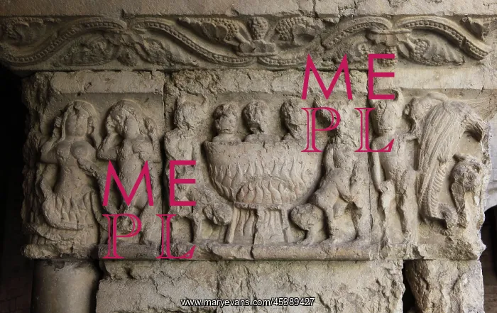 : Sculpted capital of hell, Romanesque cloister : Sculpted capital of hell, Romanesque cloister