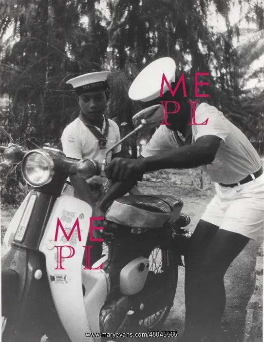 : Sea scouts with moped, Gilbert Islands, Pacific : Sea scouts with moped, Gilbert Islands, Pacific