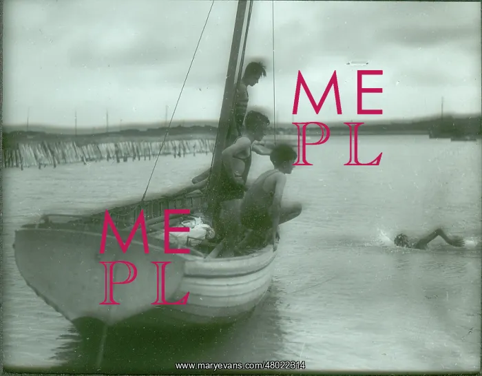 : Sea Scouts swimming off the side of a dinghy : Sea Scouts swimming off the side of a dinghy