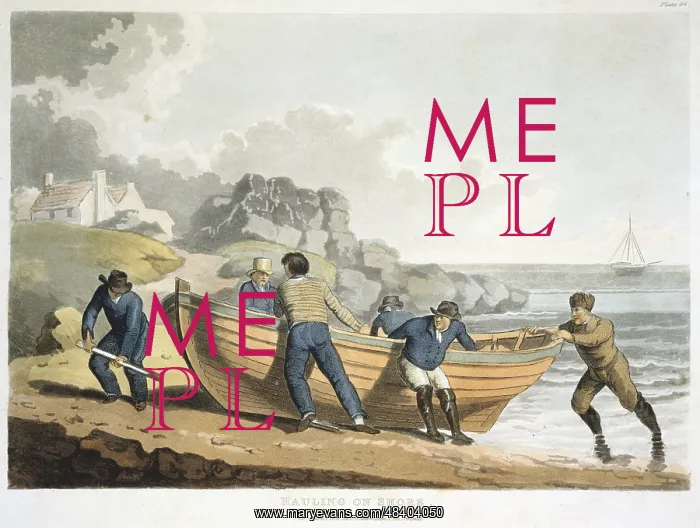 : Seamen hauling a clinker-built dingy up on shore : Seamen hauling a clinker-built dingy up on shore