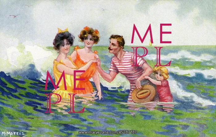  : Seashore - Edwardian seaside scene depicts two young ladies a man and a child in the sea
