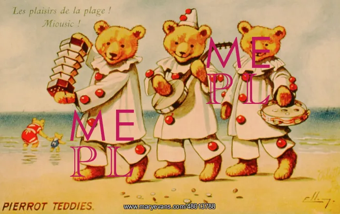 : Seaside postcard with three Pierrot teddy bears : Seaside postcard with three Pierrot teddy bears