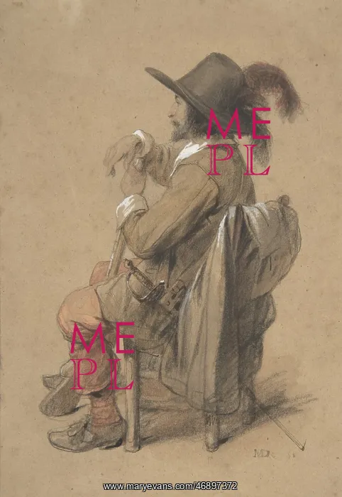 : Seated Cavalier, mid-19th century, Chalk and watercolor : Seated Cavalier, mid-19th century, Chalk and watercolor