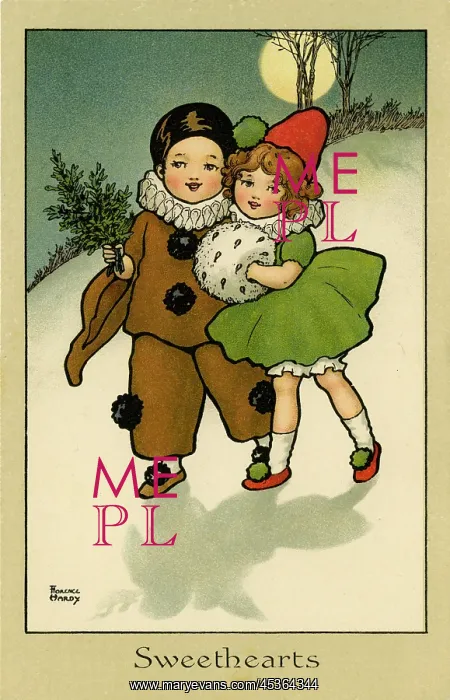 : Secrets. Two children dressed in Pierrot and Pierrette clown costumes share : Secrets. Two children dressed in Pierrot and Pierrette clown costumes share