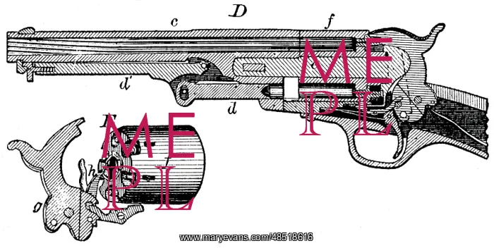 : Sectional view of Colt revolver with, at E, the : Sectional view of Colt revolver with, at E, the