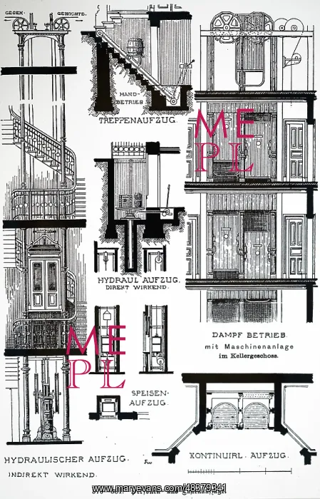  : Sectional view of various passenger and good elevators;