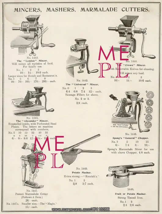  : A selection of mincers, mashers and marmalade cutters