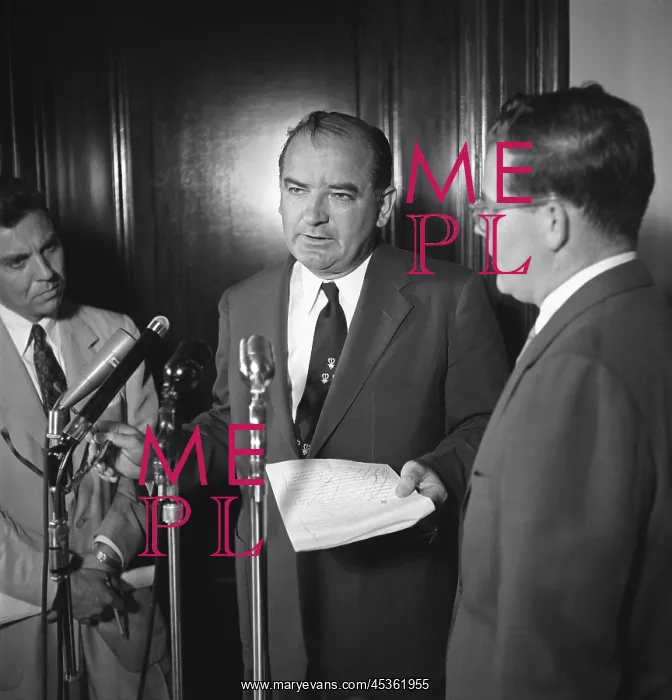 : Senator Joseph McCarthy speaking to press during : Senator Joseph McCarthy speaking to press during