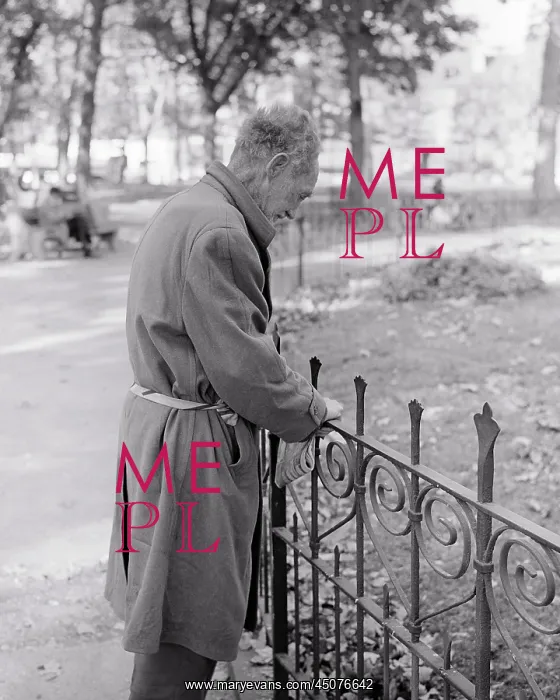 : Senior Man Vagrant Leaning on Railing in City : Senior Man Vagrant Leaning on Railing in City