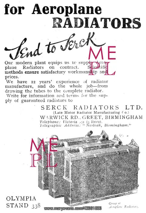 : Serck Aero Engine Radiators 1919 Advert : Serck Aero Engine Radiators 1919 Advert