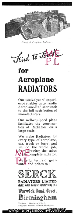 : Serck Aeroplane Radiators 1919 : Serck Aeroplane Radiators 1919