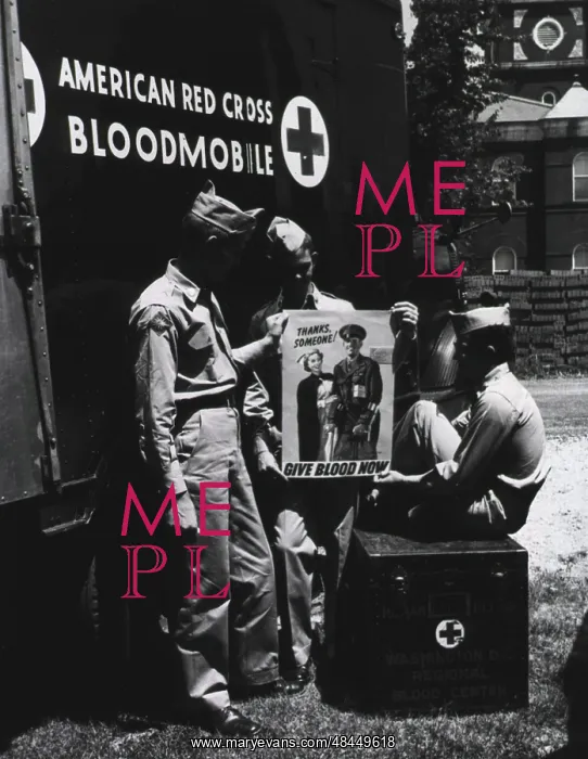 : Three servicemen next to an American Red Cross : Three servicemen next to an American Red Cross
