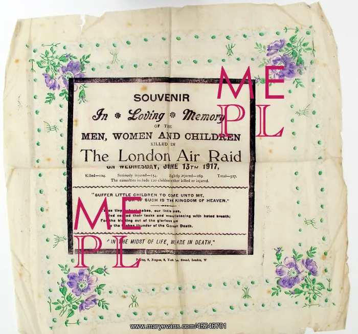 : Serviette - souvenir of those killed in London Air Raid : Serviette - souvenir of those killed in London Air Raid