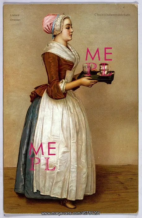 : Serving maid carries a cup of chocolate : Serving maid carries a cup of chocolate