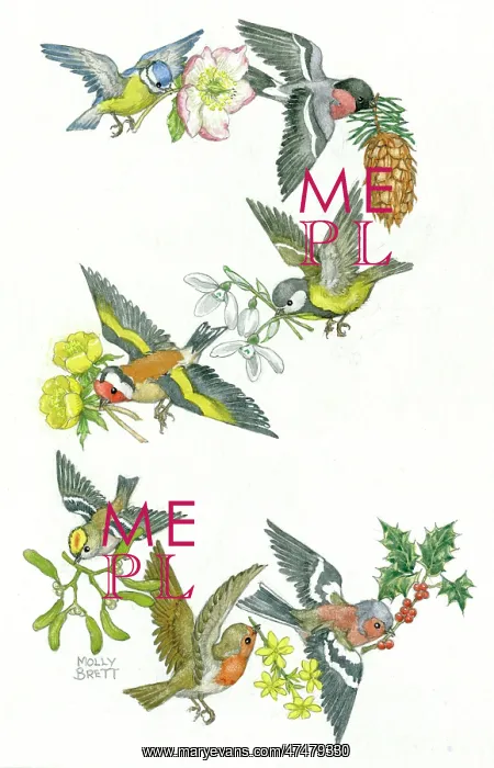 : Seven different birds carrying flowers : Seven different birds carrying flowers