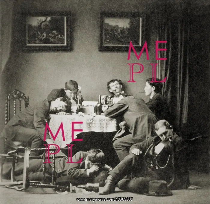: Seven drunk young men around table and on : Seven drunk young men around table and on
