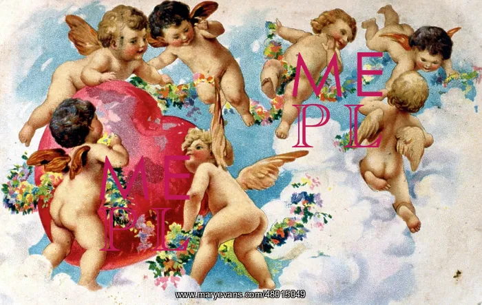 : Seven winged cherubs with a large red heart : Seven winged cherubs with a large red heart