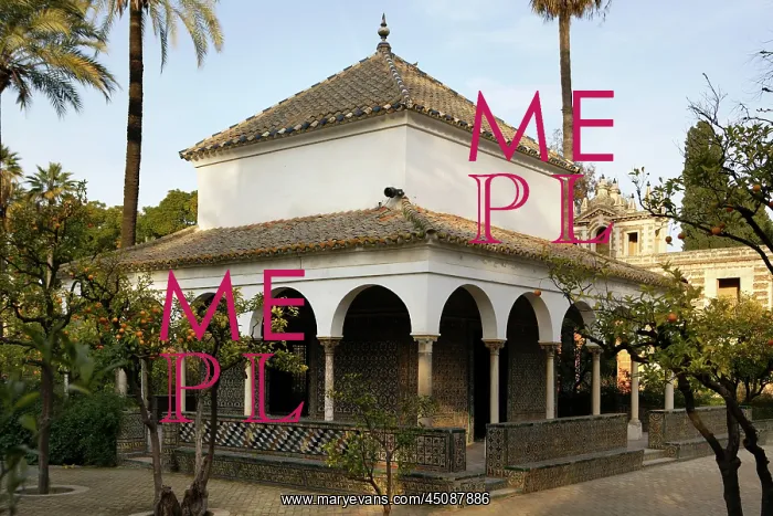: Seville. Low angle view of pavilion, Gardens, Real Alcazar : Seville. Low angle view of pavilion, Gardens, Real Alcazar