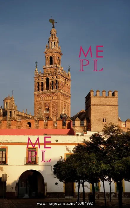 : Seville. Low angle view of Giralda Minaret seen : Seville. Low angle view of Giralda Minaret seen