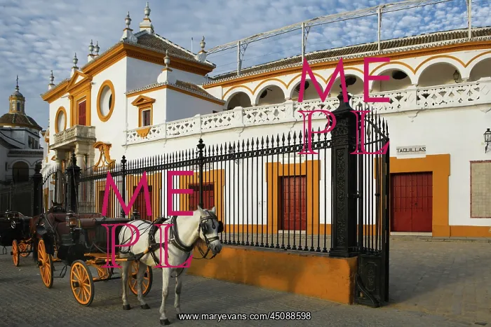 : Seville. Low angle view of the Plaza de Toros de la Real Maestranza de : Seville. Low angle view of the Plaza de Toros de la Real Maestranza de