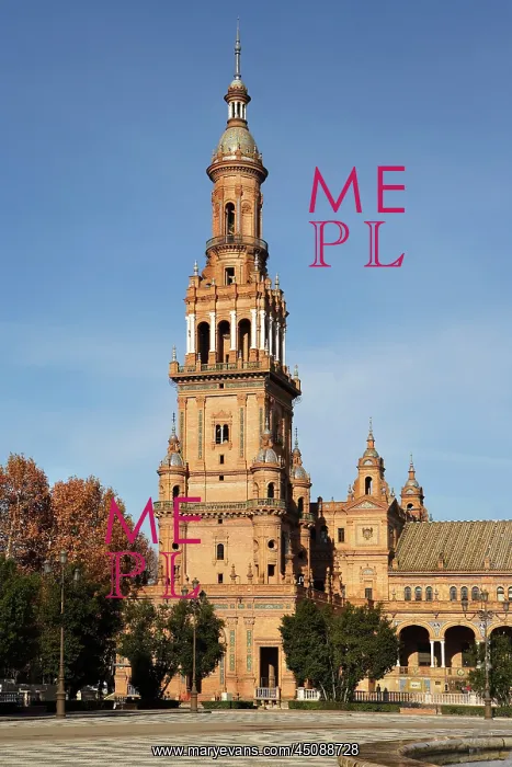: Seville. Low angle view of tower, Plaza de Espana : Seville. Low angle view of tower, Plaza de Espana