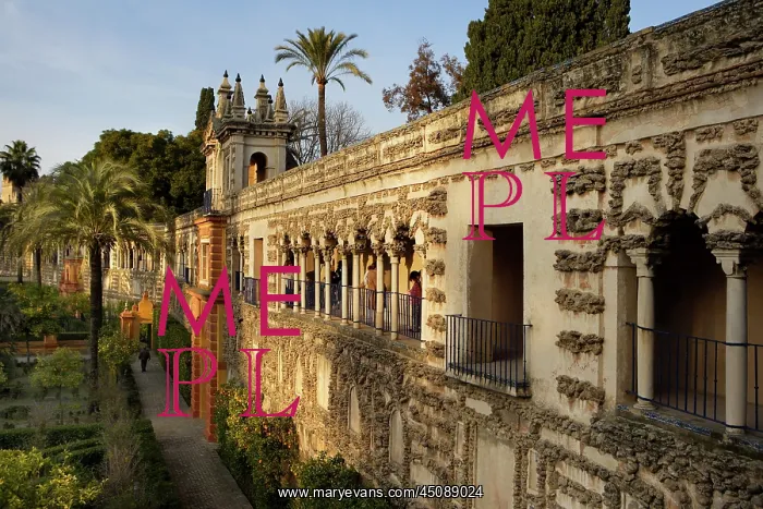 : Seville. High angle view of wall, Gardens, Real Alcazar : Seville. High angle view of wall, Gardens, Real Alcazar