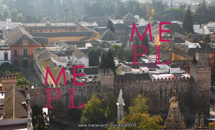 : Seville. High angle view of Real Alcazar, Seville : Seville. High angle view of Real Alcazar, Seville