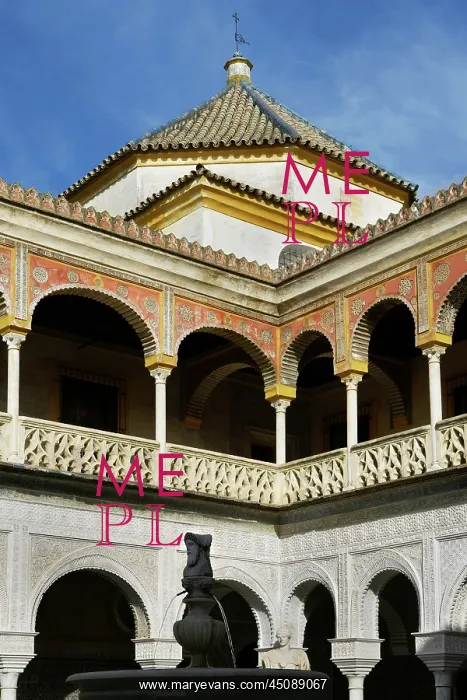 : Seville. Low angle view of fountain courtyard and upper portico, Casa de Pilatos : Seville. Low angle view of fountain courtyard and upper portico, Casa de Pilatos
