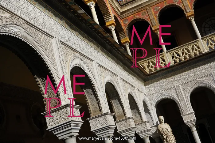 : Seville. Low angle oblique view of the Central Patio with a Roman statue : Seville. Low angle oblique view of the Central Patio with a Roman statue