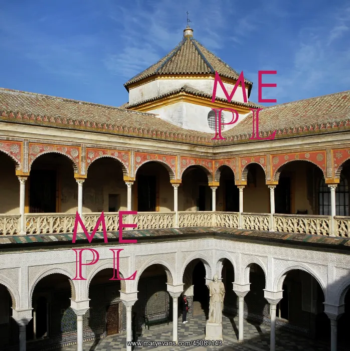 : Seville. High angle view of the central patio with Roman statue of Minerva : Seville. High angle view of the central patio with Roman statue of Minerva