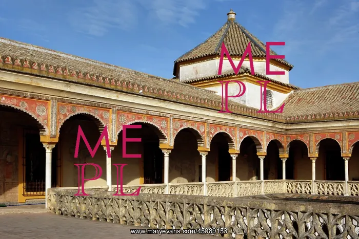  : Seville. Low angle view of upper portico, Casa de Pilatos 