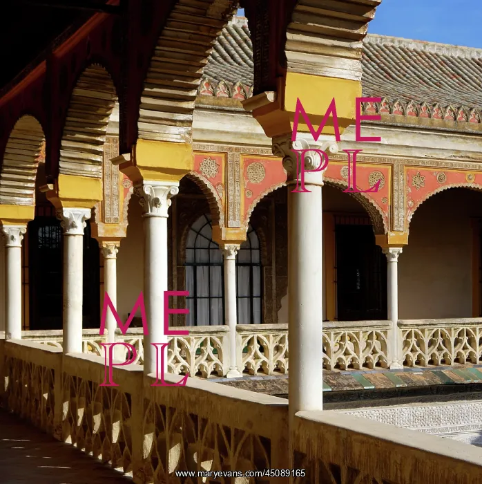 : Seville. Detail of corner of upper portico, Casa de Pilatos : Seville. Detail of corner of upper portico, Casa de Pilatos