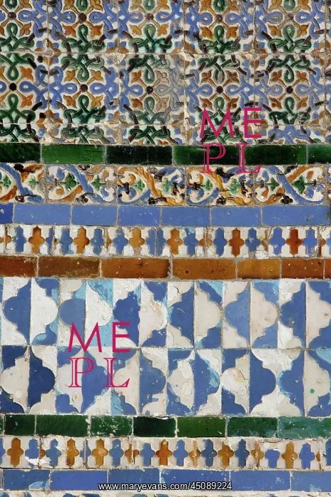: Seville. Detail of tiles, Central Patio, Casa de Pilatos : Seville. Detail of tiles, Central Patio, Casa de Pilatos