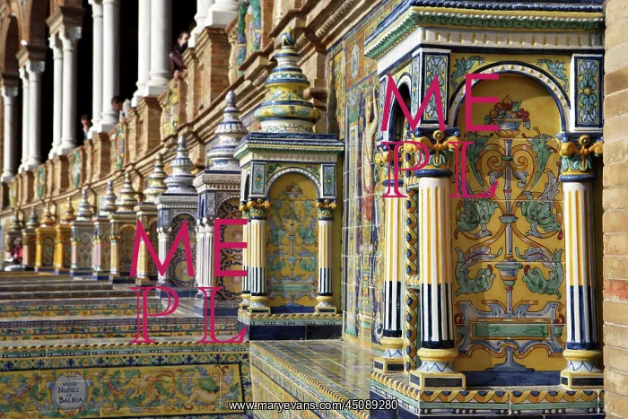 : Seville. Detail of tiled niches, Plaza de Espana : Seville. Detail of tiled niches, Plaza de Espana
