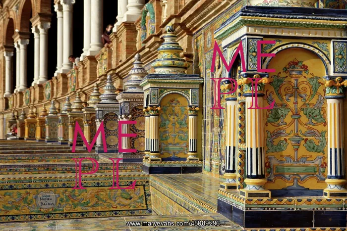 : Seville. Detail of tiled niches, Plaza de Espana : Seville. Detail of tiled niches, Plaza de Espana