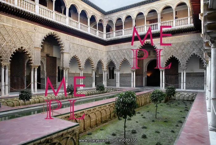 : Seville. General low angle view of the arcade courtyard at Patio de las Doncellas : Seville. General low angle view of the arcade courtyard at Patio de las Doncellas