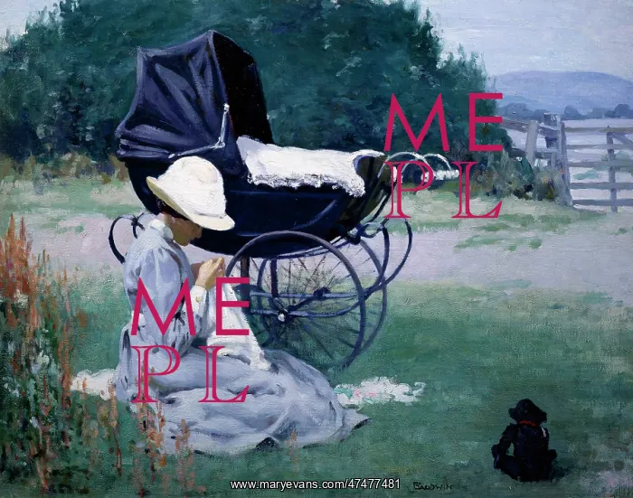 : Sewing in the Sun ' woman and pram : Sewing in the Sun ' woman and pram