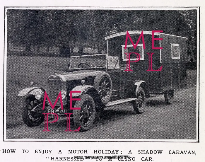 : A Shadow Caravan (open), harnessed to a Clyno Car : A Shadow Caravan (open), harnessed to a Clyno Car