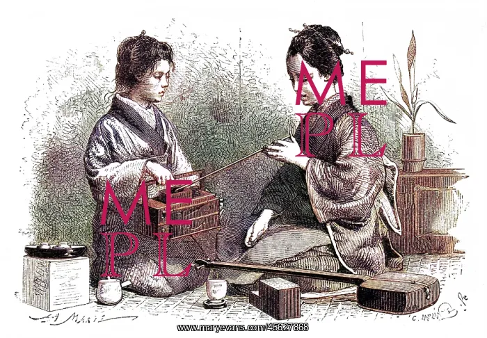 : A shamisen player, lighting her pipe : A shamisen player, lighting her pipe