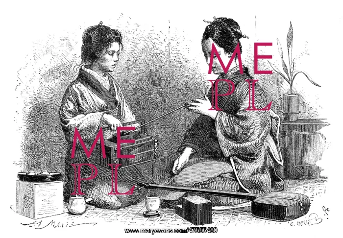 : A shamisen player, lighting her pipe : A shamisen player, lighting her pipe