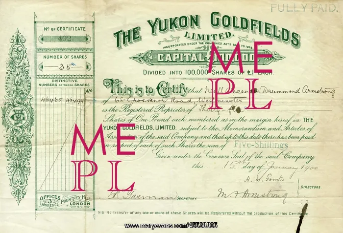 : Share certificate for The Yukon Goldfields : Share certificate for The Yukon Goldfields