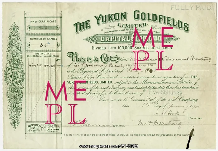 : Share certificate for The Yukon Goldfields : Share certificate for The Yukon Goldfields