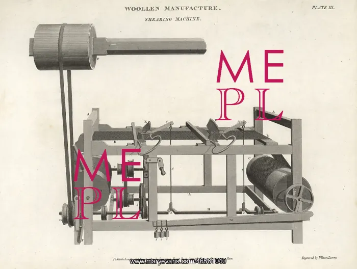 : Shearing machine used in wool manufacture, 18th century : Shearing machine used in wool manufacture, 18th century